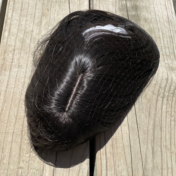 NWT 16-17”natural black brown hint straight blended human mix topper round bangs - Picture 13 of 16